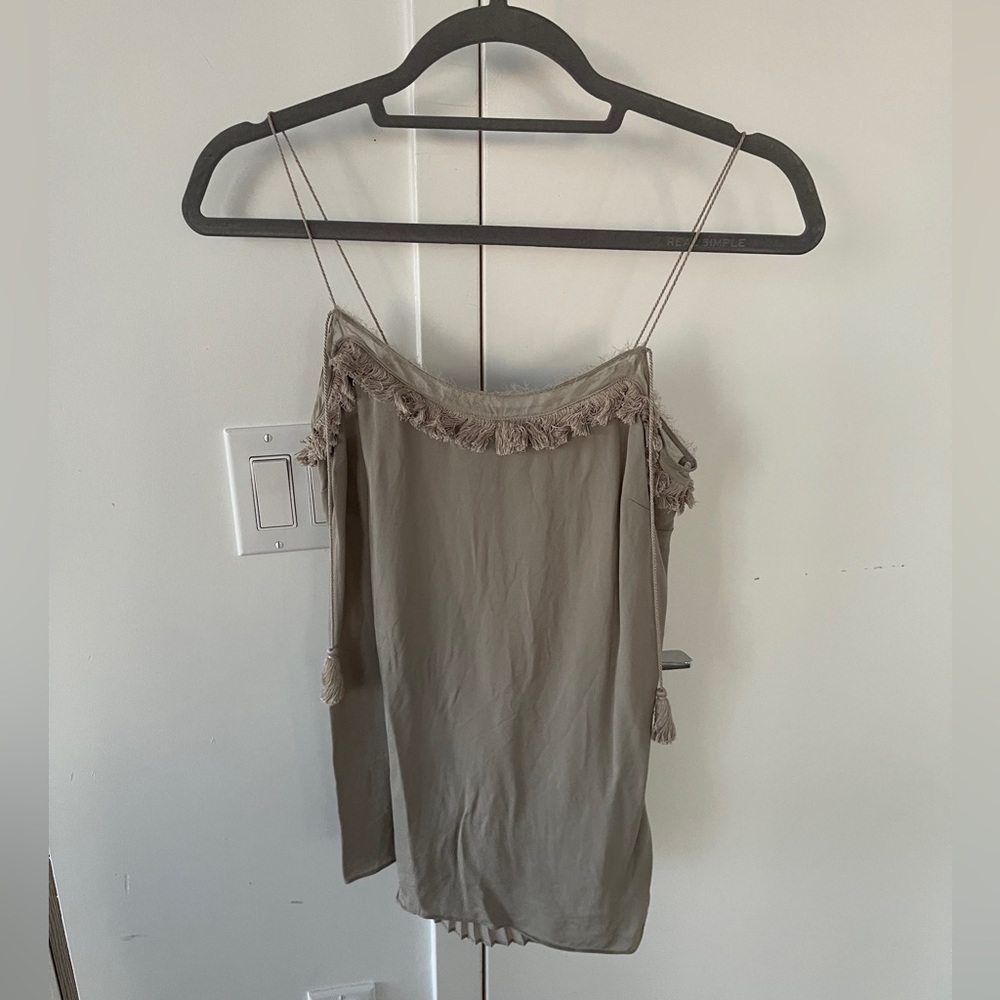 Elie Tahari Silk Grey Top with tassles in size XS